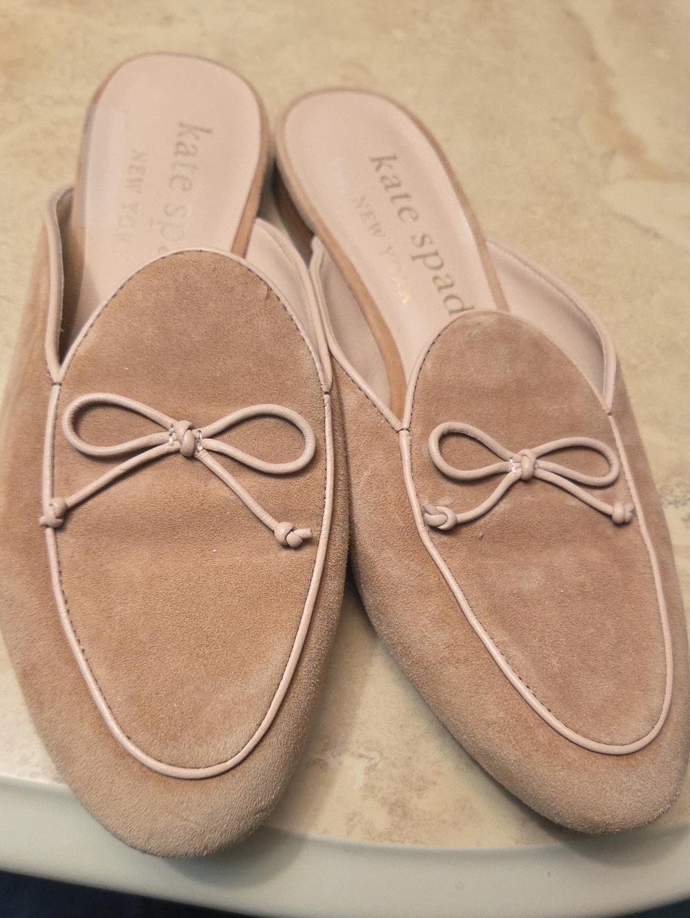 kate spade blush beige suede bow mules